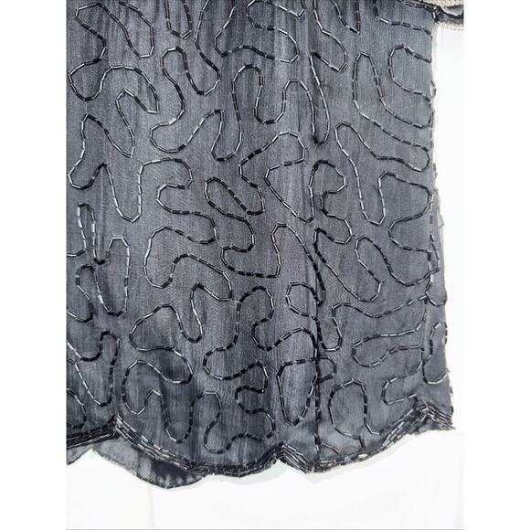 Vintage Lawrence Kazar Sz L Beaded Silk Top Black Gold Silver Embellished Party - Picture 3 of 11